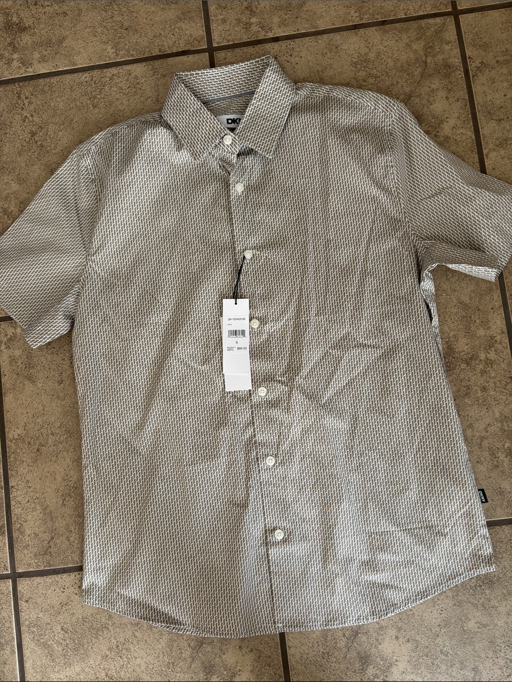 NWT DKNY Button Up Brown and White Pattern Collared Shirt size small